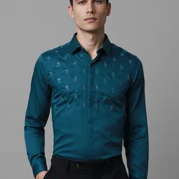Louis Philippe Floral Embroidered Spread Collar Slim Fit Cotton Formal Shirt-picture-21