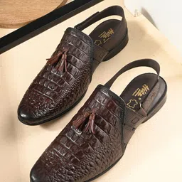 Hitz Men Textured Leather Comfort Insole Tassels Mules With Velcro Closure-picture-38