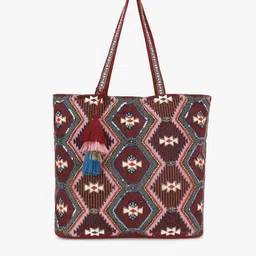 Anekaant Maroon Embellished Shopper Tote Bag with Tasselled-picture-29
