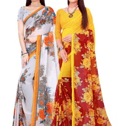SAADHVI Set Of 2 White & Yellow Floral Pure Georgette Saree-picture-13