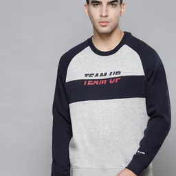 Alcis Men Grey Melange & Navy Blue Colourblocked Round Neck Sweatshirt with Print Detail-picture-40