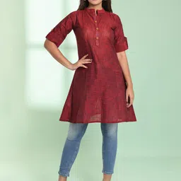 Charukriti Abstract Self Design Mandarin Collar Roll-Up Sleeves A-Line Kurta-picture-13