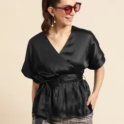 DODO & MOA Black Solid Satin Finish Wrap Top with Belt-picture-27