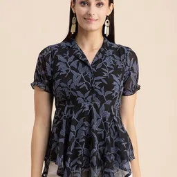 Moomaya Floral Printed Cuban Collar Puff Sleeves Georgette Top image 1