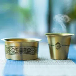 peepul tree Golden Aura Pure Brass Coffee Dabara Set with Kanjeevaram Design Theme image 1