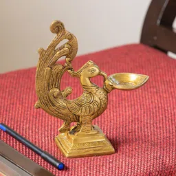 ExclusiveLane Gold Toned Marvellous Peacock Hand-Etched Carved Brass Diya-picture-30