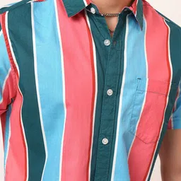 HIGHLANDER Men Pink & Blue Slim Fit Multi Stripes Striped Cotton Casual Shirt-picture-10