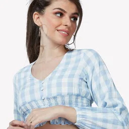 VASTRADO Blue & White Checked Blouson Crop Top image 1