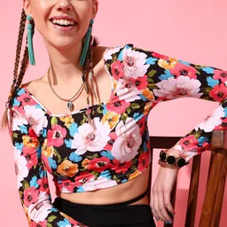 STREET 9 Black & Pink Floral Print Crop Top-image-60
