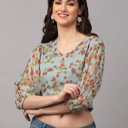NEUDIS Teal Floral Print Chiffon Crop Top-image-16