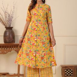 PIROH Floral Printed Mandarin Collar Pure Cotton A-Line Kurta With Palazzos-picture-6