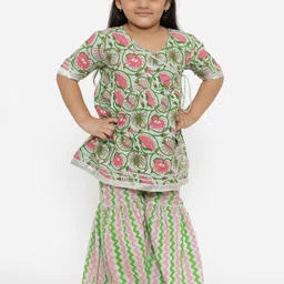 Readiprint Fashions Girls Green Printed Angrakha Pure Cotton Kurta with Sharara-picture-18