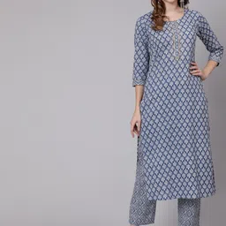 GLAM ROOTS Women Blue Printed Pure Cotton Kurta with Trouser-picture-35