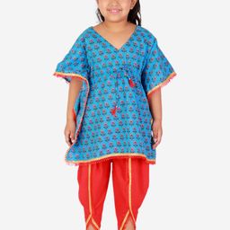 Superminis Girls Blue Floral Printed Gotta Patti Pure Cotton Kurti with Dhoti Pants-picture-4