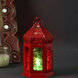 Aapno Rajasthan Red Metal & Glass Moroccan Candle Holder-image-92