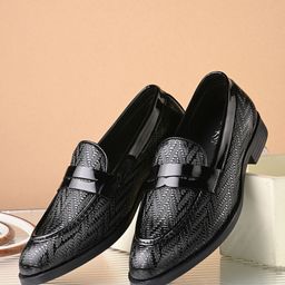 House of Pataudi Men Textured Round Toe Faux Leather Slip-On Formal Loafers-picture-13