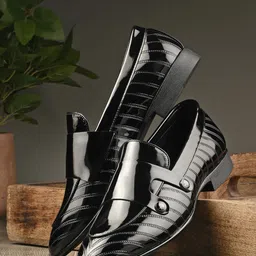 House of Pataudi Men Textured Round Toe Faux Leather Slip-On Formal Loafers-picture-14