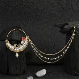 Adwitiya Collection 24KT Gold-Plated Stone-Studded Clip-On Nosepin With Beaded Extension-picture-35
