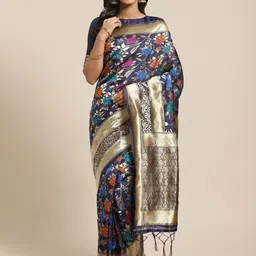 Saree mall Navy Blue & Golden Floral Woven Design Banarasi Saree-picture-20