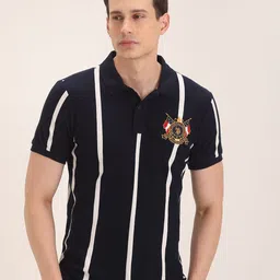 u.s. polo assn. U S Polo Assn Men Navy Blue & White Striped Polo Collar Pure Cotton Slim Fit T-shirt-picture-42