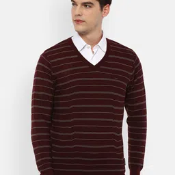 Van Heusen Men Maroon & Grey Pure Cotton Striped Pullover image 1