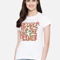 Fabflee Women Off White Typography Printed Round Neck Cotton T-shirt-image-2