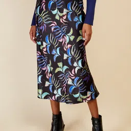 Little Mistress Leaves Print Satin Midi A-Line Skirt image 1
