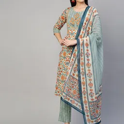 FASHOR Women Beige & Sea Green Screen Printed Pure Cotton Kurta with Trouser & Dupatta-image-97