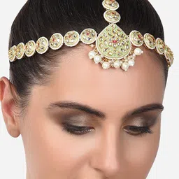 zaveri pearls Zaveri Women Gold-Plated Green & Pink Kundan Studded Floral  Minakari Designed Mathapatti-picture-25