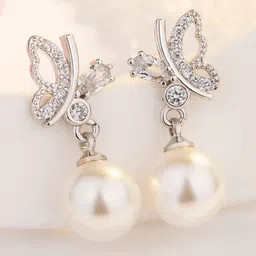 MYKI Silver-Plated Butterfly Shaped Cubic Zirconia Studded Drop Earrings-picture-33