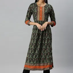 SHOWOFF Women Olive Green Ethnic Motifs Printed Mirror Work Anarkali Kurta-picture-11