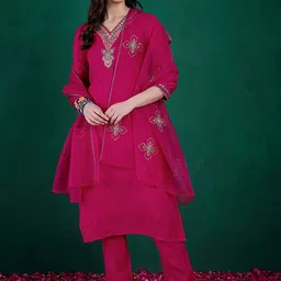 Sangria Sequin Floral Embroidered V-Neck Kurta With Trousers & Dupatta-picture-35