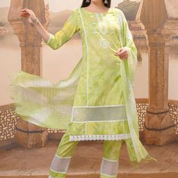 Vishudh Green Tie & Dye Printed Pure Cotton Straight Kurta With Trousers & Dupatta-picture-1