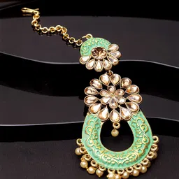 ANIKAS CREATION Gold-Plated & Green Stone Studded Enameled Hand Painted Maang Tikka-picture-37