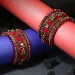 Adwitiya Collection Pack Of 10 Red Velvet Silk Thread Chuda Bangle Set-picture-24