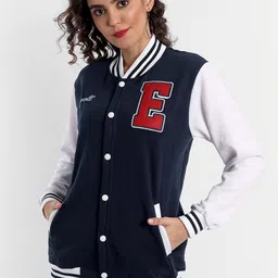 Emprall Women Blue Fleece Bomber with Embroidered Jacket-image-11