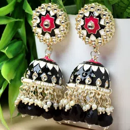 ZENEME Gold-Plated Meenakari Jhumkas Earrings-image-65