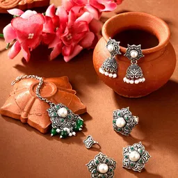 Yellow Chimes German Silver Oxidised Beaded Jewellery Set-picture-23