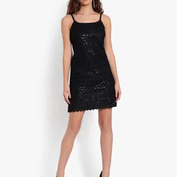 Indietoga Women Plus Size Black Embroidered & Sequinned A-Line Knee-Length Strap Dress-image-42