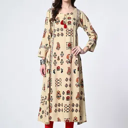 Rue Collection Ethnic Motifs Printed Mirror Work Tie-Up Neck Cotton Straight Kurta image 1