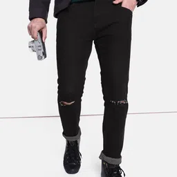 The Roadster Life Co. Men Jet Black Skinny Fit Slash Knee Stretchable Grunge Jeans-picture-22