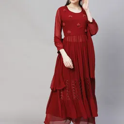 FASHOR Women Maroon Floral Embroidered Pleated Beads and Stones Kurta with Palazzos & With Dupatta-image-68