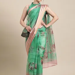 Mitera Green & Pink Floral Zari Organza Saree-picture-5