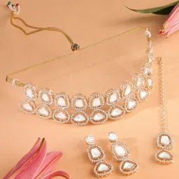AMI Gold-Plated Austrian Diamonds Studded Necklace With Earrings & Maang Tika-picture-27