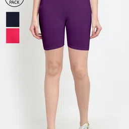 GRACIT Women Pack Of 3 Pink & Purple Cycling Sports Shorts-image-3