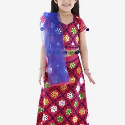 ahhaaaa Girls Pink & Blue Embroidered Thread Work Ready to Wear Lehenga & Blouse With Dupatta-image-8