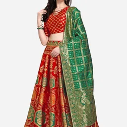 PURVAJA Red & Green Ready to Wear Lehenga & Unstitched Blouse With Dupatta-picture-22