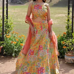 Chhabra 555 Yellow & Pink Floral Printed Embellished Crop Top Lehenga Set With Dupatta-image-50