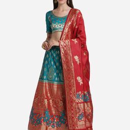 Mitera Women Turquoise Blue & Red Semi-Stitched Lehenga & Unstitched Blouse with Dupatta-picture-6