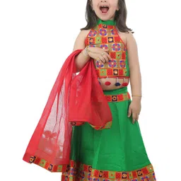 ahhaaaa Girls Green & Red Embroidered Ready to Wear Lehenga & Blouse With Dupatta-picture-10